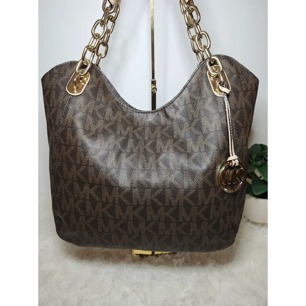 Michael Kors Hobo Tote Bag Brown Gold Classic Signature Monogram Chain